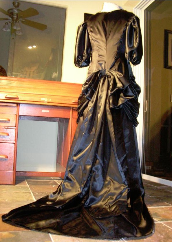 Custom Black Satin Neo-Victorian Gown with faux Bustle and short Train