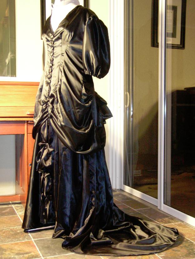 Custom Black Satin Victorian-Inspired Gown with faux Bustle and short Train
